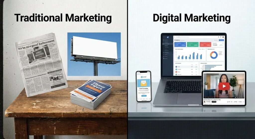 Side-by-side comparison image labeled “Traditional Marketing” and “Digital Marketing.” The left side shows a newspaper, billboard, and printed flyers on a wooden table representing offline advertising. The right side displays a laptop with analytics dashboards, a smartphone with email marketing, and a tablet showing a video, representing online digital marketing channels.